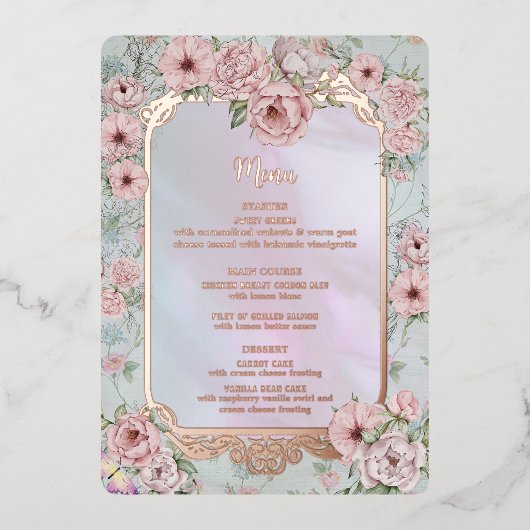  Periwinkle Pioen Bruiloft Folie Menu Kaart (Voorkant)