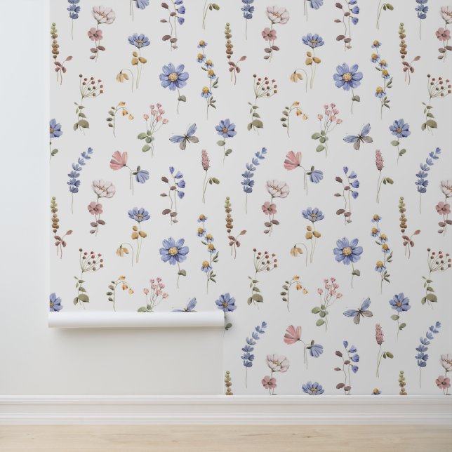 Periwinkle Roze Waterverf Wildbloemen Vlinder Behang (Applicatie)