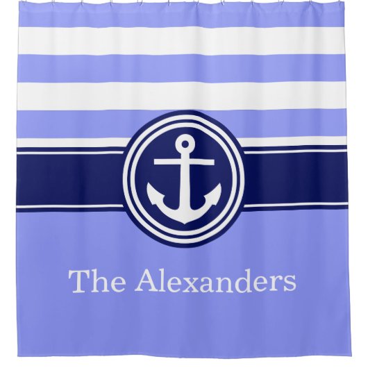 Periwinkle Rugby Stripe Anker CB Monogram Marine Douchegordijn (Voorkant)