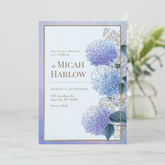 Periwinkle Stardust Hydrangea Gold Frame Wedding Kaart (Staand voorkant)