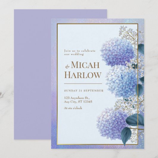 Periwinkle Stardust Hydrangea Gold Frame Wedding Kaart (Voorkant / Achterkant)