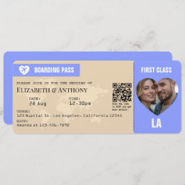 Periwinkle & Warm Sand Boarding Pass Wedding Kaart