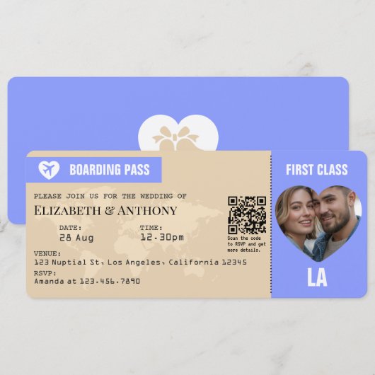 Periwinkle & Warm Sand Boarding Pass Wedding Kaart (Voorkant / Achterkant)
