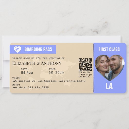 Periwinkle & Warm Sand Boarding Pass Wedding Kaart (Voorkant)