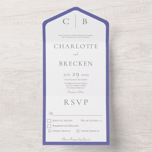 Periwinkle & White Monogram Minimale Dinner All In One Uitnodiging (Binnen)