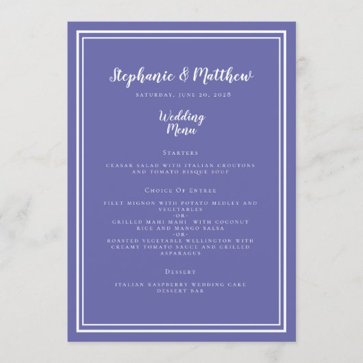 Periwinkle & White Wedding Simple Chic Menu (Voorkant)
