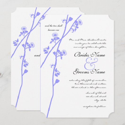 Periwinkle Wild Flower Branch Wedding Invitation Kaart (Voorkant / Achterkant)
