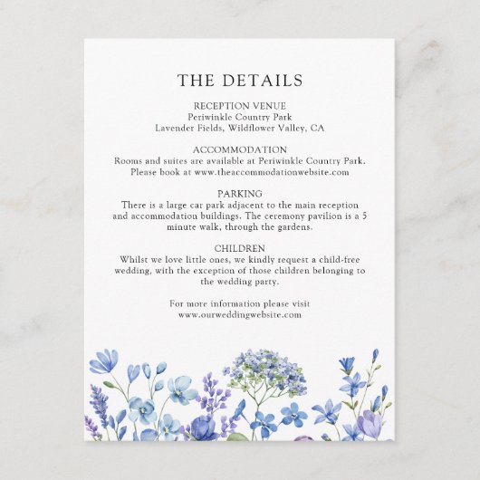 Periwinkle Wildflower Bloemen Bruiloft Details Informatiekaartje (Voorkant)