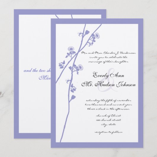 Periwinkle Wildflower Blooming Branch Wedding Kaart (Voorkant / Achterkant)