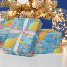 Periwinkle Zomer Vaporwave Zonsondergang en Palmbo Cadeaupapier