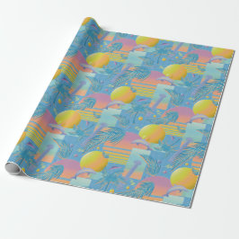 Periwinkle Zomer Vaporwave Zonsondergang en Palmbo Cadeaupapier