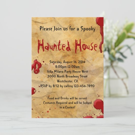 Perkament Bloed Splatter Haunted House Kaart (Staand voorkant)