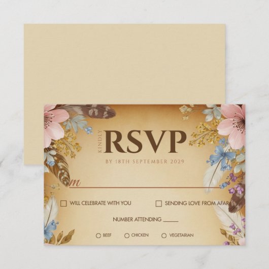 perkament en bloemen bruiloft RSVP Kaart (Voorkant / Achterkant)