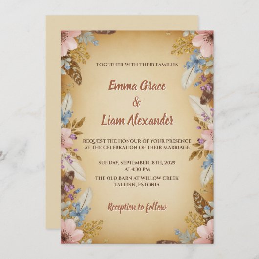  perkament en bloemen bruiloft uitnodiging (Voorkant / Achterkant)