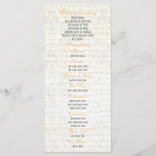 Perkament goud en wit kerk huwelijksprogramma programmakaart (Achterkant)