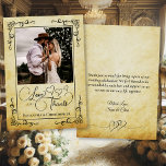 perkament liefde Bedankt foto & notitie bruiloft<br><div class="desc">Deze prachtige lila bruiloft bedankkaarten zijn voorzien van uw foto op een gouden tan perkament achtergrond met rollen in de hoeken. Het bijschrift is geschreven in een elegant schrift en luidt: Liefde en Bedankt, met je namen hieronder. De achterkant heeft een romantische verbonden harten grafiek samen met een aangepaste noot...</div>