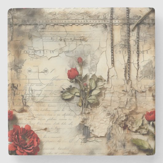  Perkament Liefdesbrief met Bloemen (10) Stenen Onderzetter (Voorkant)