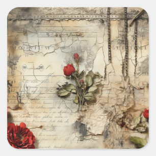  Perkament Liefdesbrief met Bloemen (10) Vierkante Sticker