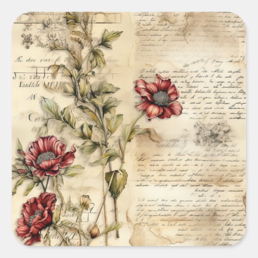 Perkament Liefdesbrief met Bloemen (1) Vierkante Sticker (Voorkant)