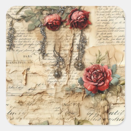 Perkament Liefdesbrief met Bloemen (4) Vierkante Sticker (Voorkant)