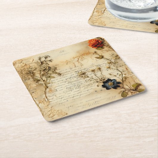  Perkament Liefdesbrief met Bloemen (5) Kartonnen Onderzetters (Schuin)