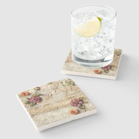  Perkament Liefdesbrief met Bloemen (8) Stenen Onderzetter (Zijkant)