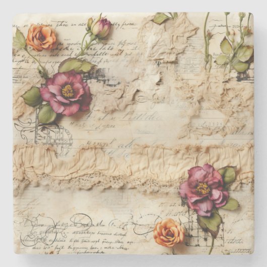  Perkament Liefdesbrief met Bloemen (8) Stenen Onderzetter (Voorkant)