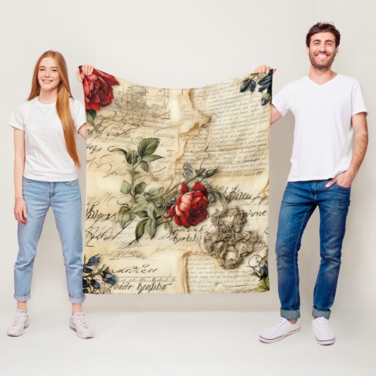 Perkament Liefdesbrief met Bloemen (9) Fleece Deken (In situ)
