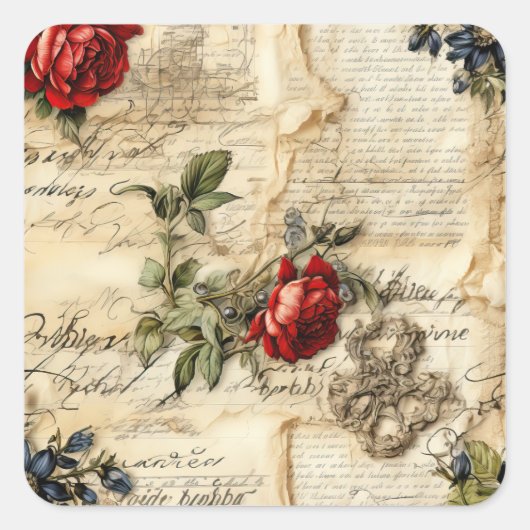 Perkament Liefdesbrief met Bloemen (9) Vierkante Sticker (Voorkant)
