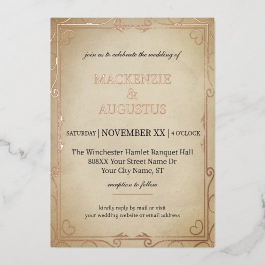  perkament met gouden bruiloft folie uitnodiging (Voorkant)
