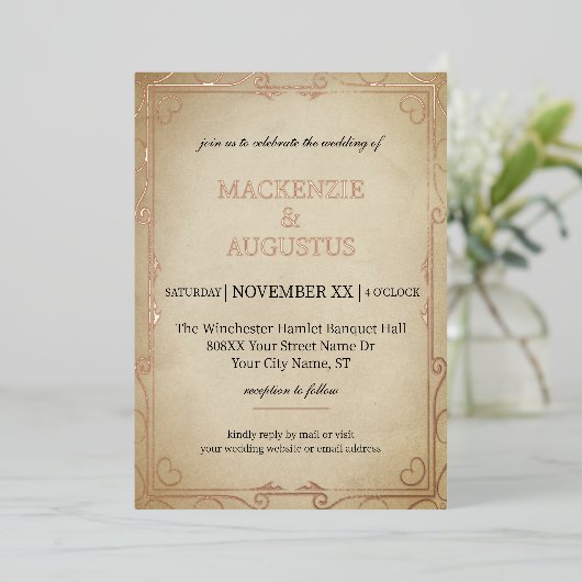  perkament met gouden bruiloft folie uitnodiging (Staand Voorkant)