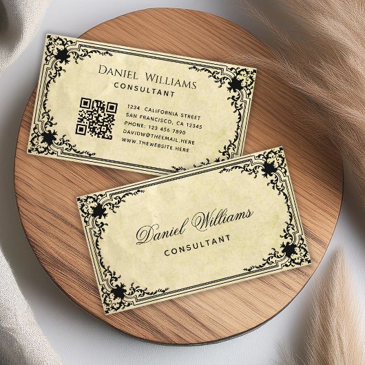 perkament Oud papier Elegant script QR-code Visitekaartje