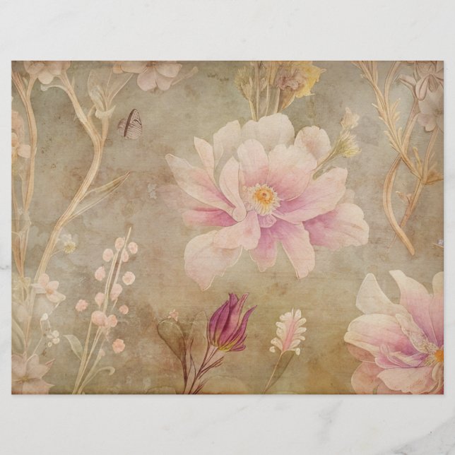  perkament & roze bloemenplakboek papier (Voorkant)