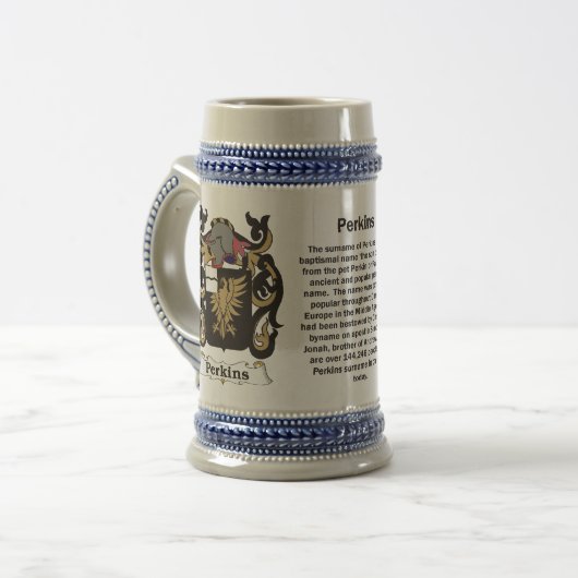 Perkins Family Coat of Arms on a Stein Bierpul (Voorkant links)