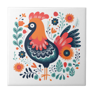 Perky Rooster Scandinavische volkskunst Tegeltje