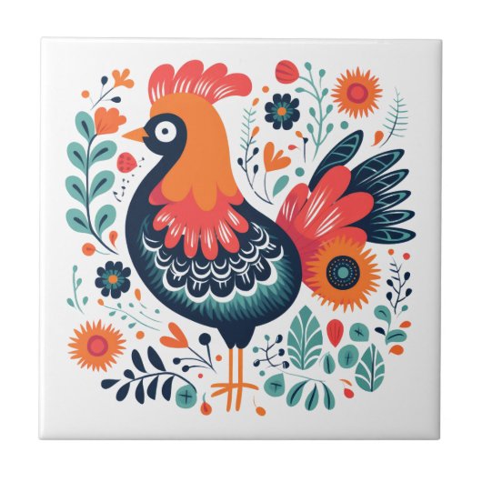 Perky Rooster Scandinavische volkskunst Tegeltje (Voorkant)