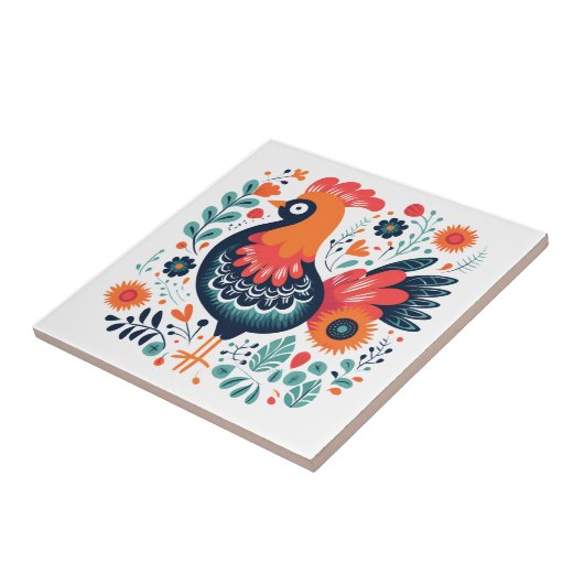 Perky Rooster Scandinavische volkskunst Tegeltje (Zijkant)