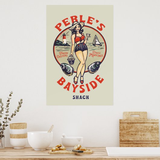 "Perle's Bayside Oyster Shack" Cute, Retro Seaside Poster (Keuken)