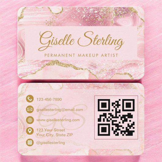 Permanent Make-up Artiest Roze Goud Agaat QR Code Visitekaartje