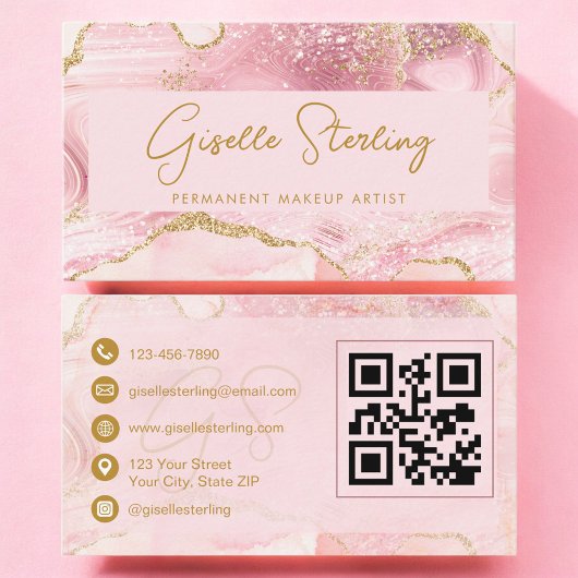 Permanente Make-up Artiest Blush Roze Agate QR Cod Visitekaartje