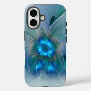 Permanente Ovations, Abstract Blue Turquoise Fract iPhone 16 Hoesje