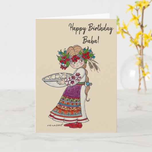 Perogie Pyrohy Pierogi Meisje Oekraïense Baba Kaart (Gele Bloem)