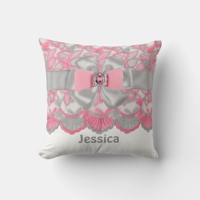 Peronalized Roze, Grijze Rhinestonen, Bow Pillow S Kussen (Voorkant)