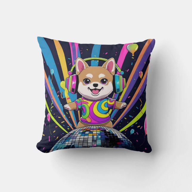 Perro Kawaii Shiba Inu Bailando Neón Retro Kussen (Voorkant)