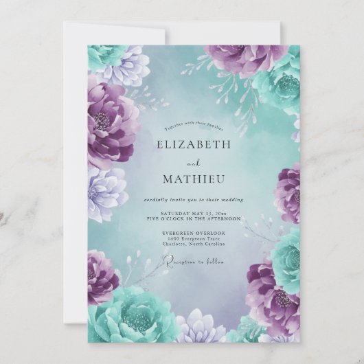 Pers Aqua Amethyst Bloemblad Bruiloft Kaart (Voorkant)