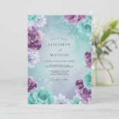 Pers Aqua Amethyst Bloemblad Bruiloft Kaart (Staand voorkant)