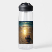 Persen op zonsondergang met schelpdierflesje