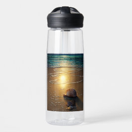 Persen op zonsondergang met schelpdierflesje waterfles