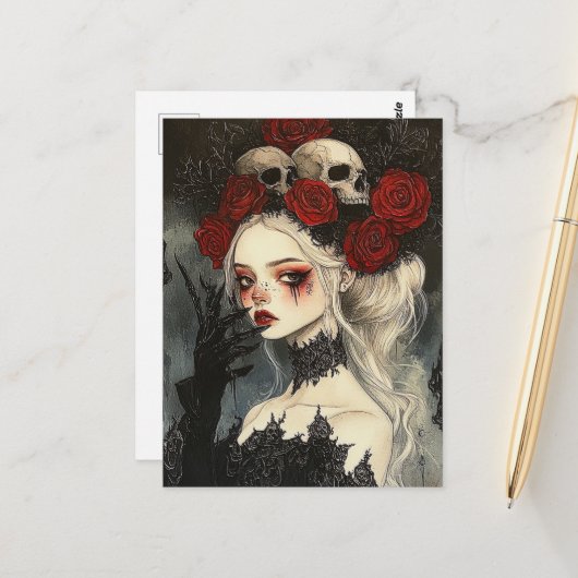 Persephone Goth Rode Rozen Schedels Briefkaart (Voorkant / Achterkant in situ)