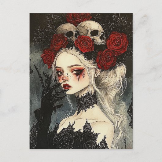 Persephone Gothic Red Roses Skulls Briefkaart (Voorkant)